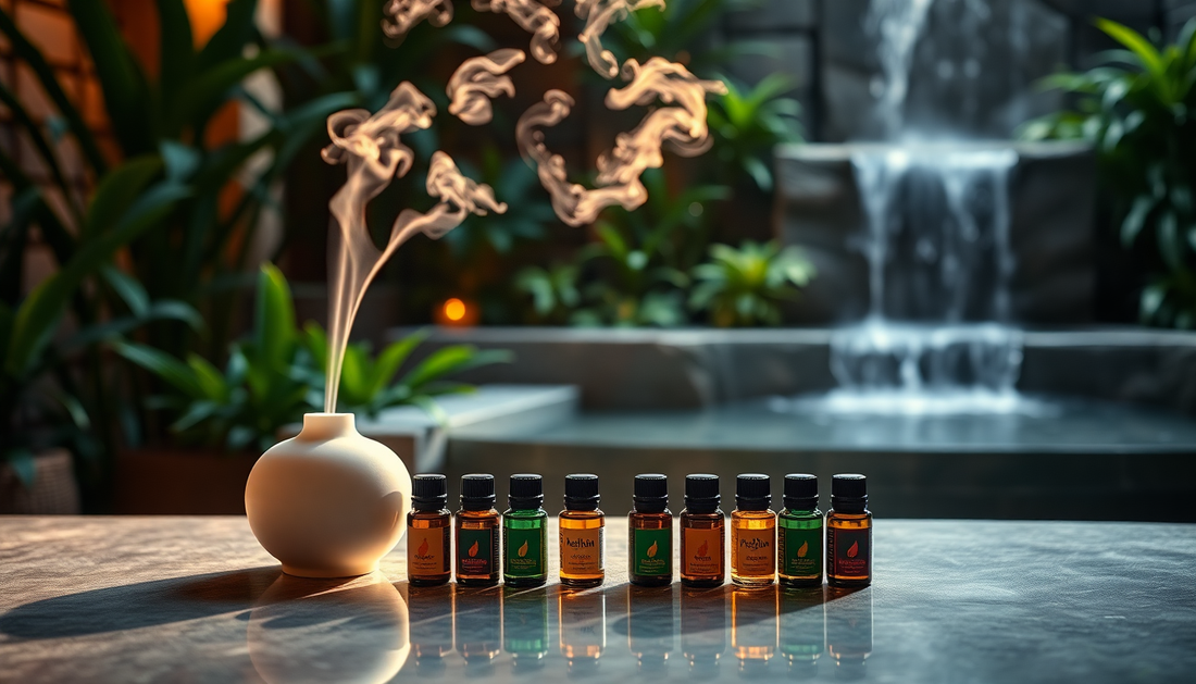 How does aromatherapy work blag photo of essential oils on a table with nature and waterfall in the background evoking a feeling of calm serenity