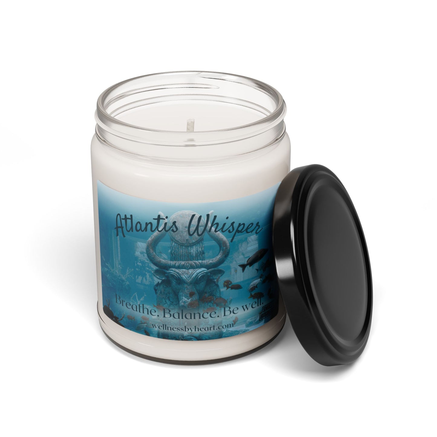 Atlantis Whisper essential oil soy candle long burning - wellness by heart - Plain white background, lid removed, unlit