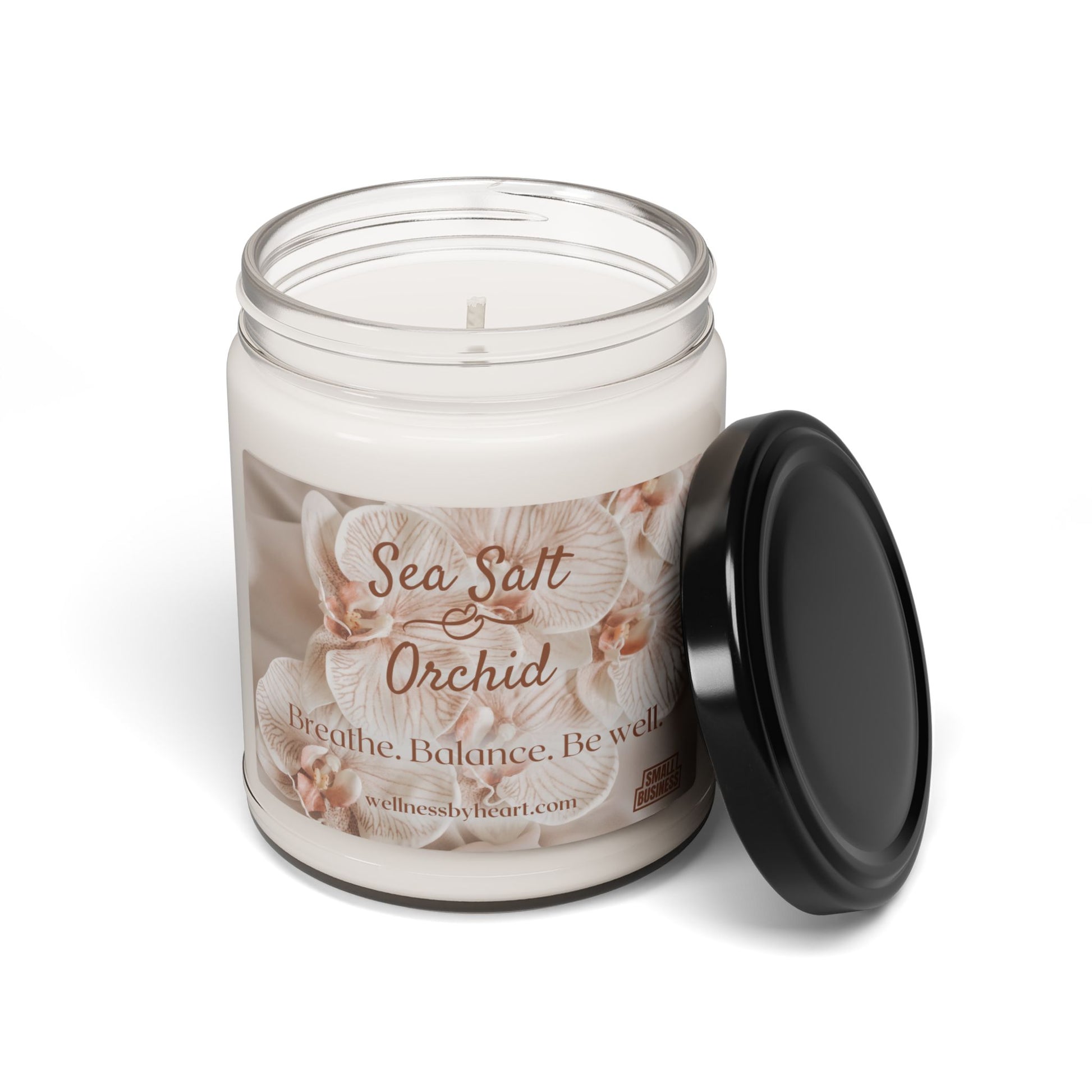 Sea Salt & Orchid Essential Oil Scented Candle from Wellness by Heart - white backgrount with lid removed