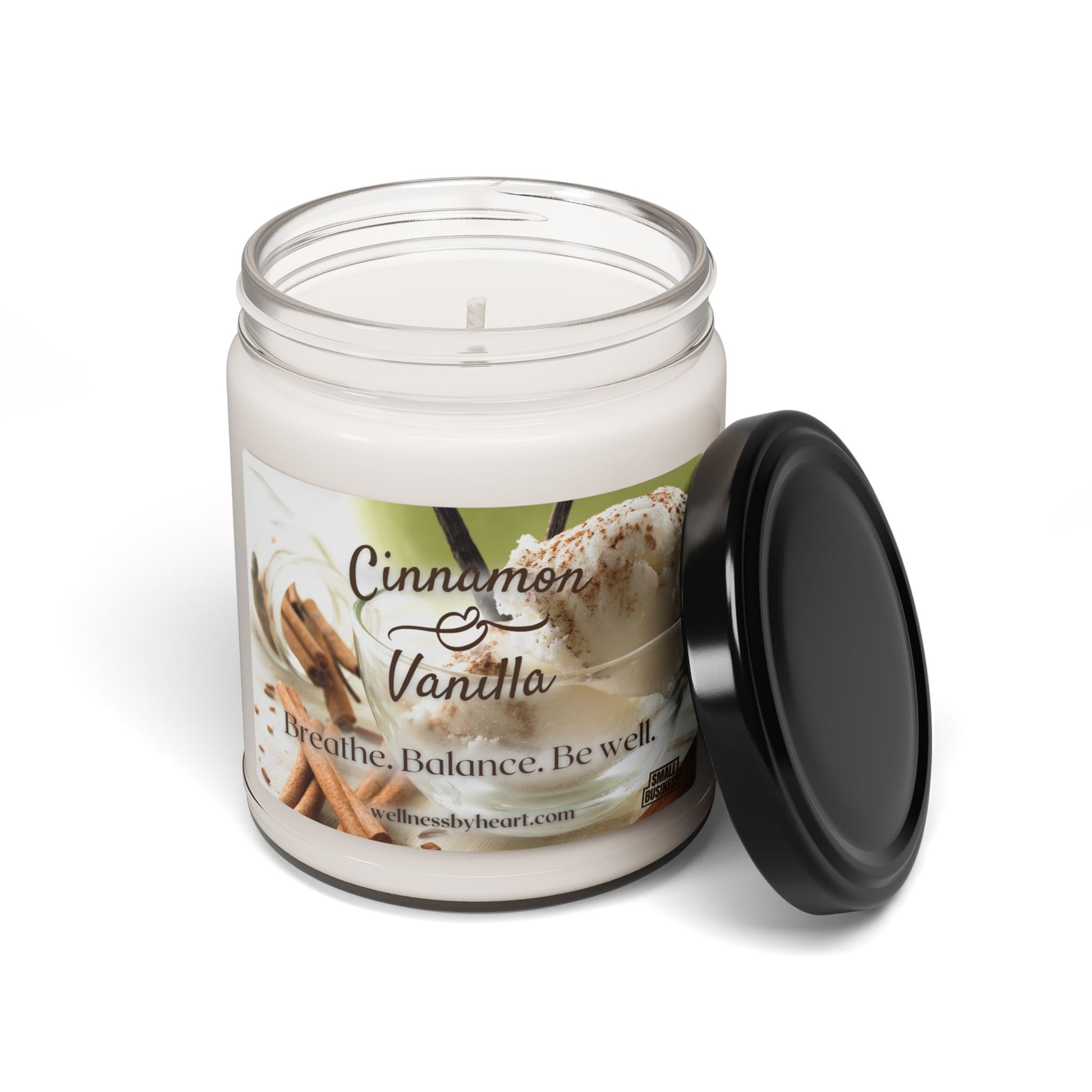  Cinnamon Vanilla Soy Candle combines the full-bodied scent of spicy cinnamon with vanilla, and the alluring, complex notes of gurjun. jar candle lid removed wellness by heart