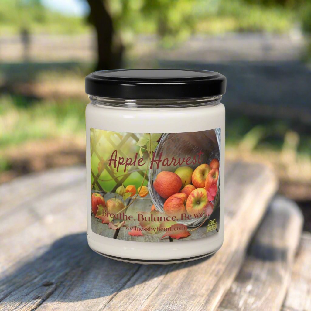 Apple Harvest Essential Oil Soy Candle Picture of front of jar candle - Wellness by heart