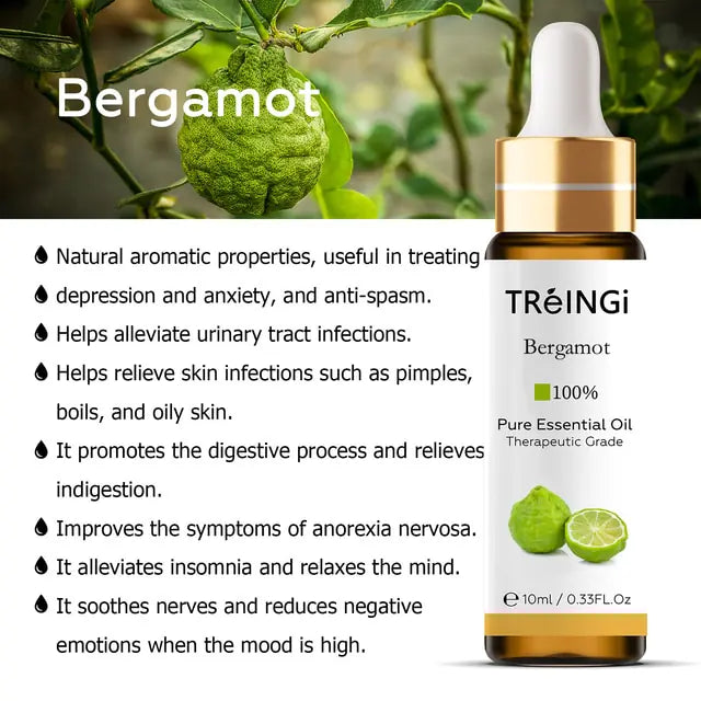 Bergamot photo of therapeutic grade 100% pure essential oil with info on common known uses