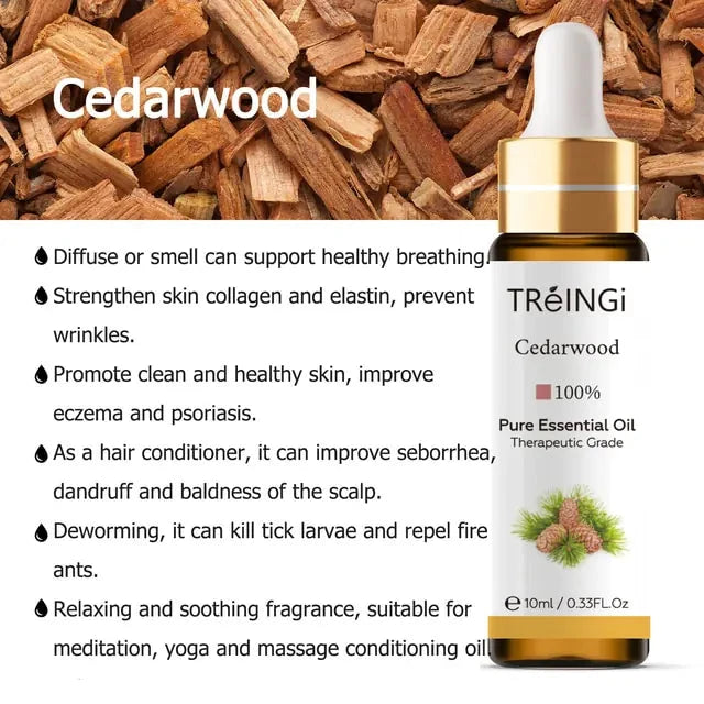 Photo of Ceadarwood therapeutic grade 100% pure essential oil with info on common known uses