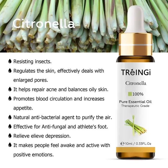 Photo of citronella therapeutic grade 100% pure essential oil with info on common known uses