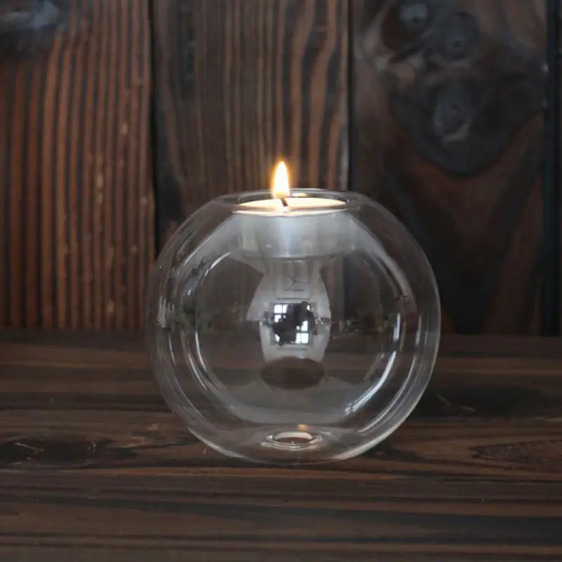 Crystal Orb Candle Holder rustic background showing one candle holder with tealight lit 