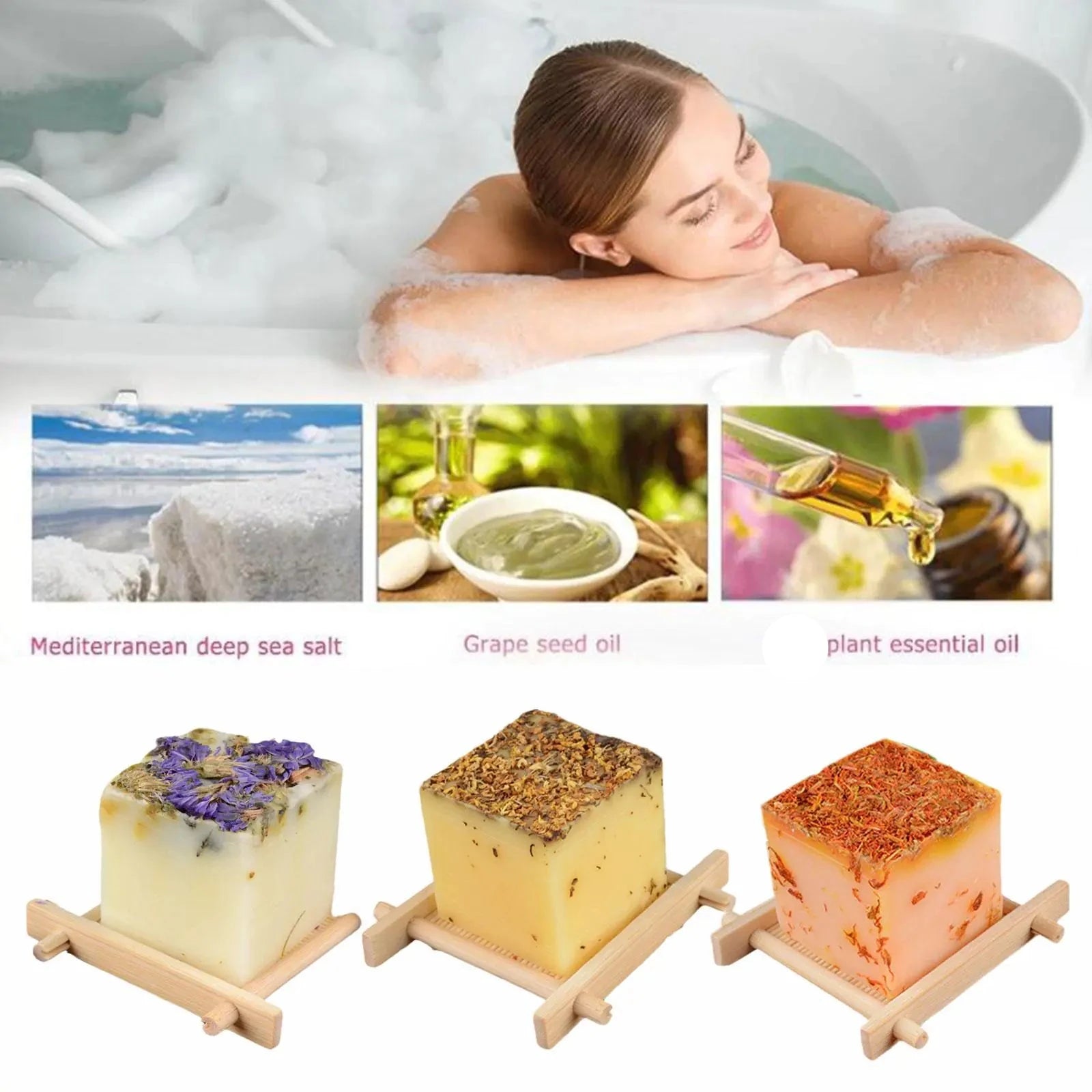 Essential Oil Handmade Herbal Soap infographic Mediterranean deep sea salt, grape seed oil and plant essential oils used 