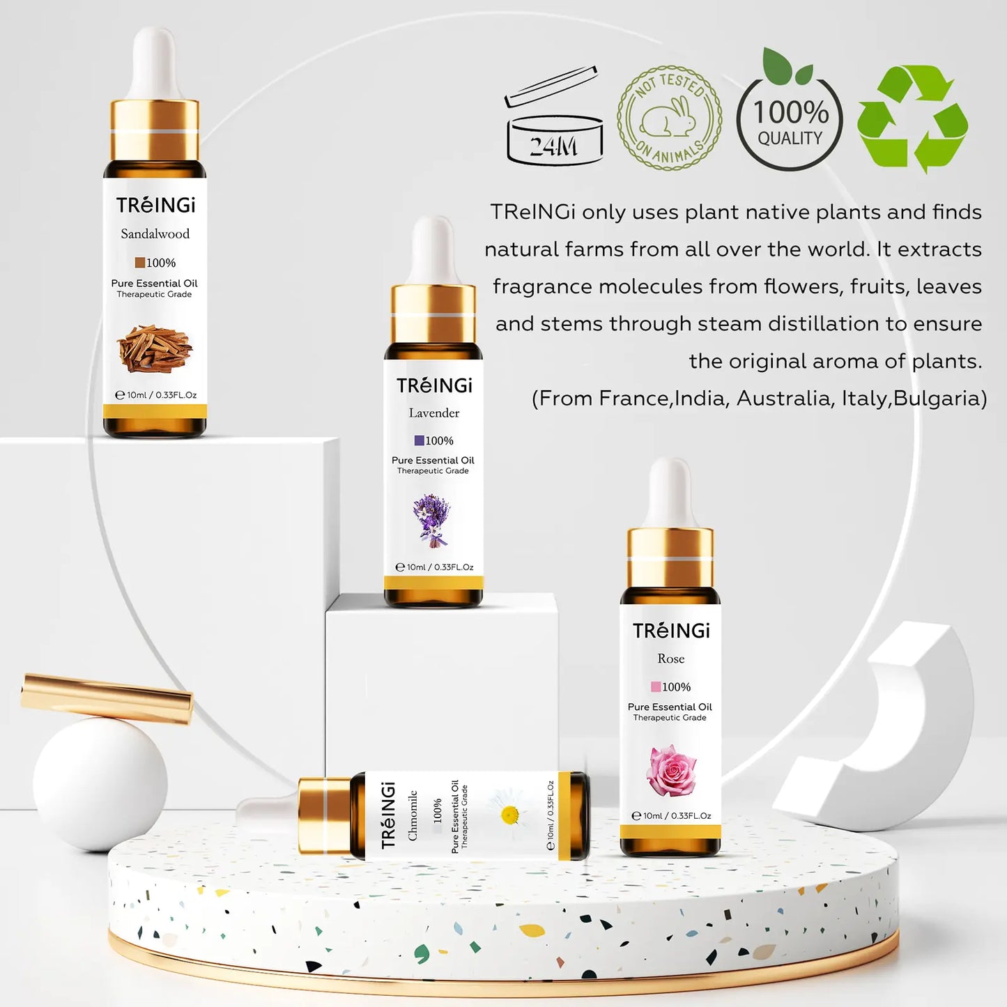 Stylied photo with 4 of the available oils  stating that this product is not tested on animals, and that the oils are sorced from france, india, austrailia, italy and bulgaria. 