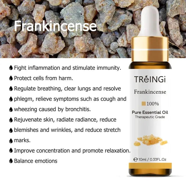 Photo of Frankincense therapeutic grade 100% pure essential oil with information on common uses