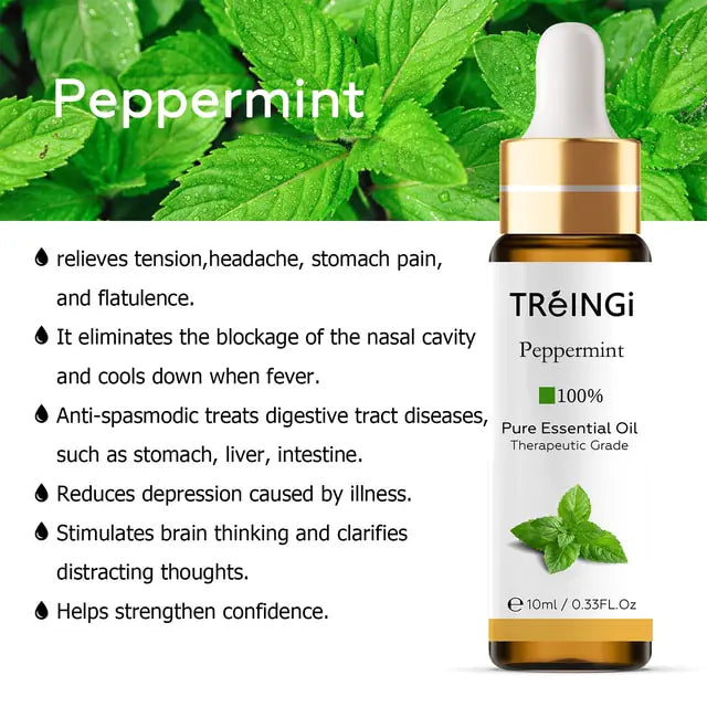 Photo of peppermint therapeutic grade 100% pure essential oil with info on common known uses