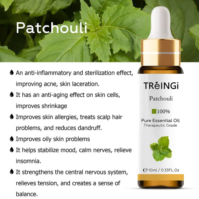 Photo of Patchouli therapeutic grade 100% pure essential oil with info on common known uses