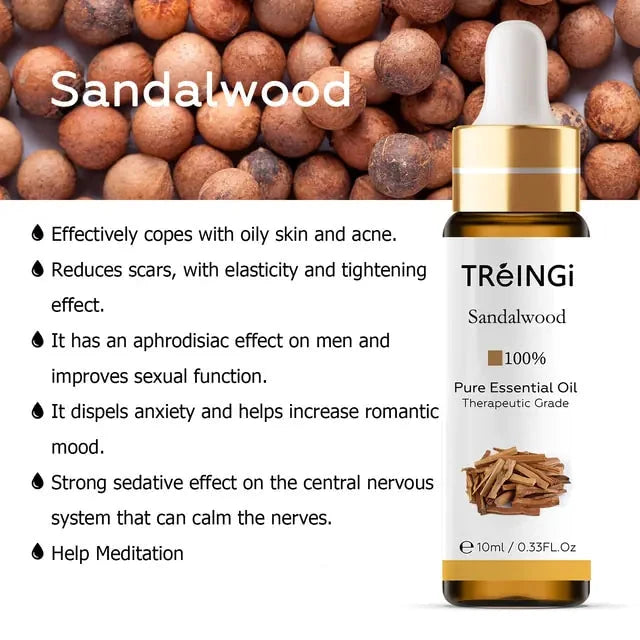 Photo of Sandalwood therapeutic grade 100% pure essential oil with information on common uses