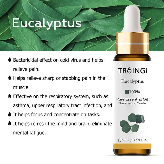 Photo Eucalyptus therapeutic grade 100% pure essential oil with information on common uses