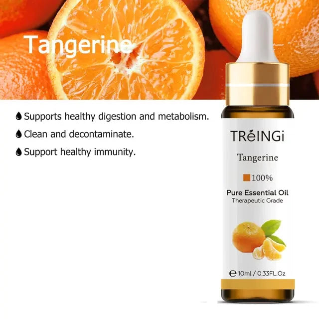 Photo tangerine therapeutic grade 100% pure essential oil with information on common uses