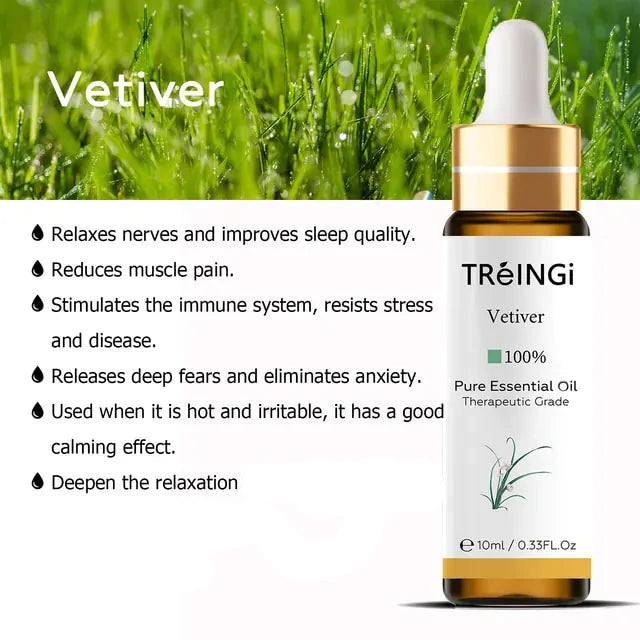 Photo of Vetiver therapeutic grade 100% pure essential oil with information on common uses