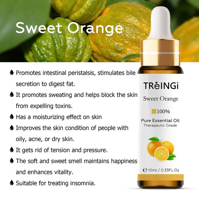 Photo of Sweet Orange essential oil with info on common known uses