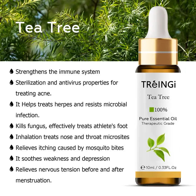 Photo of Tea Tree therapeutic grade 100% pure essential oil with info on common known uses