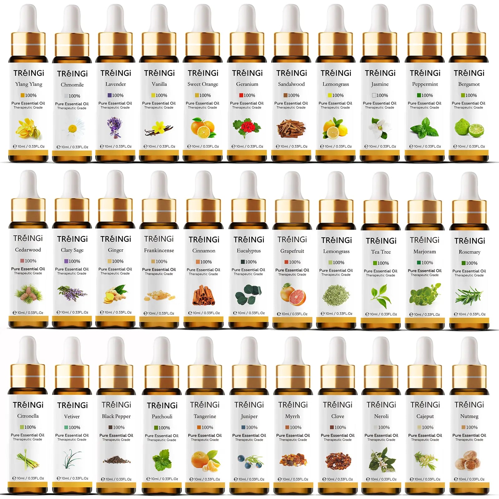 Photo depicts all 33 available essential oils in this collection from wellness by heart with a plain white background