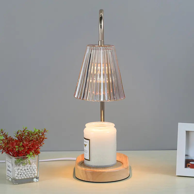 Ribbed Glass Candle Warmer Light on in Dim Room Gold w/ Classic Ribbed Shade Front View from Wellness by Heart