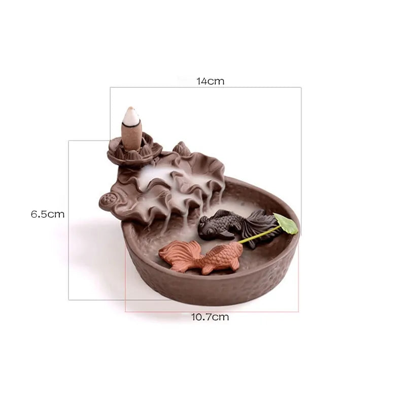 Shows measurements Koi Pond Backflow Incense Burner, on a white background. wellness by heart.