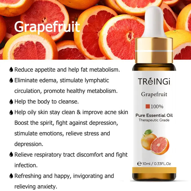 photo of Grapefruit therapeutic grade 100% pure essential oil with info on common known uses